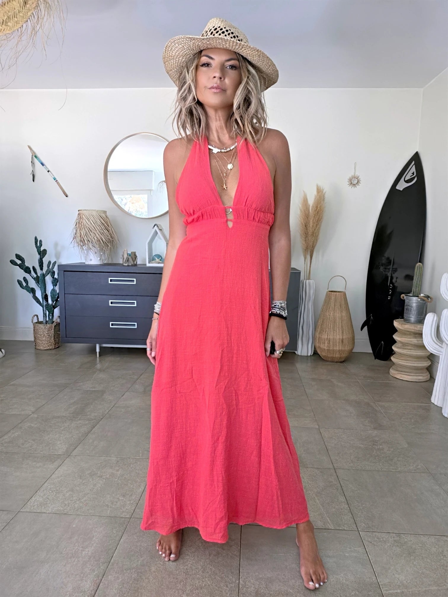 Robe longue rouge corail