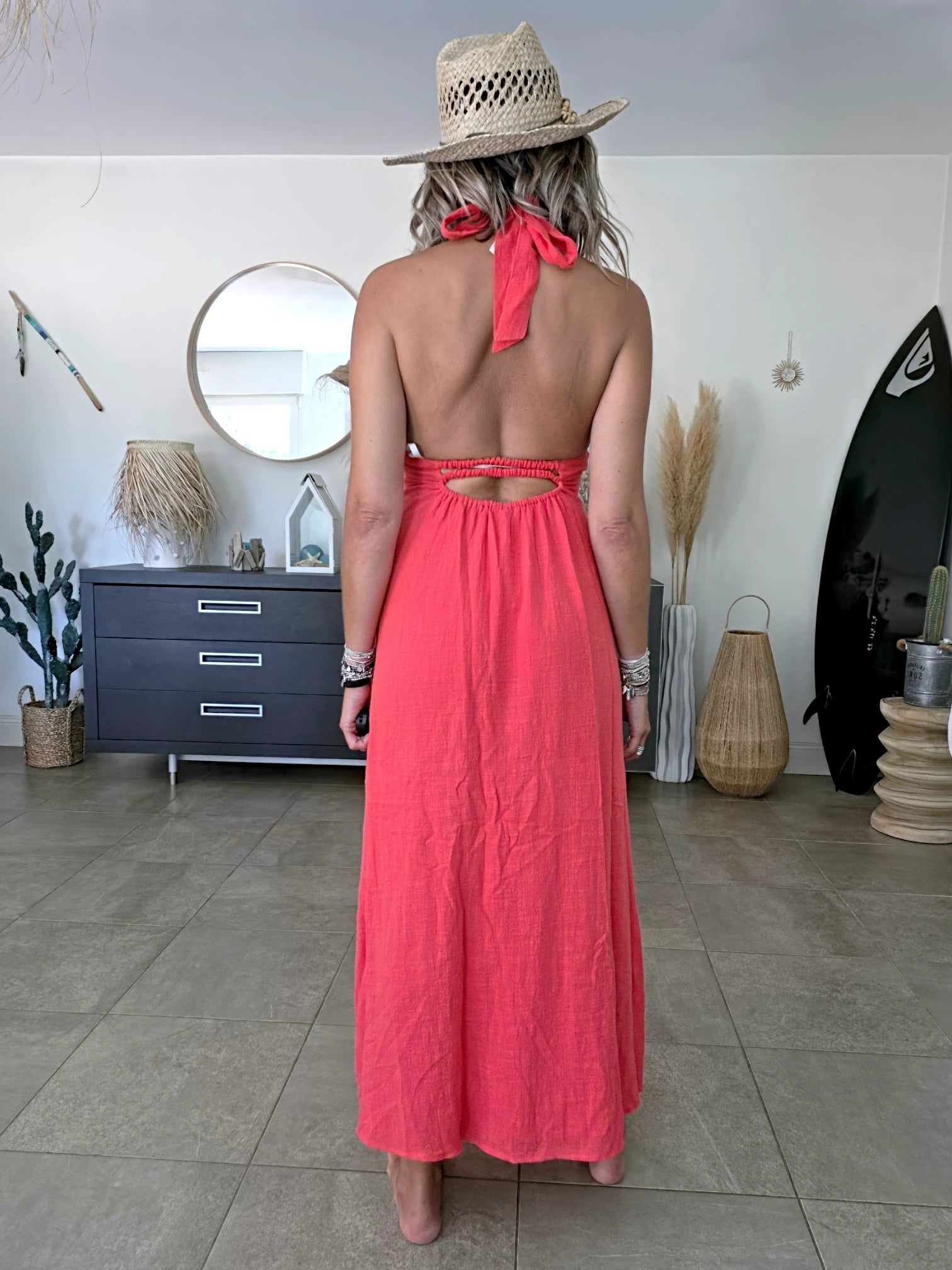 Robe longue rouge corail