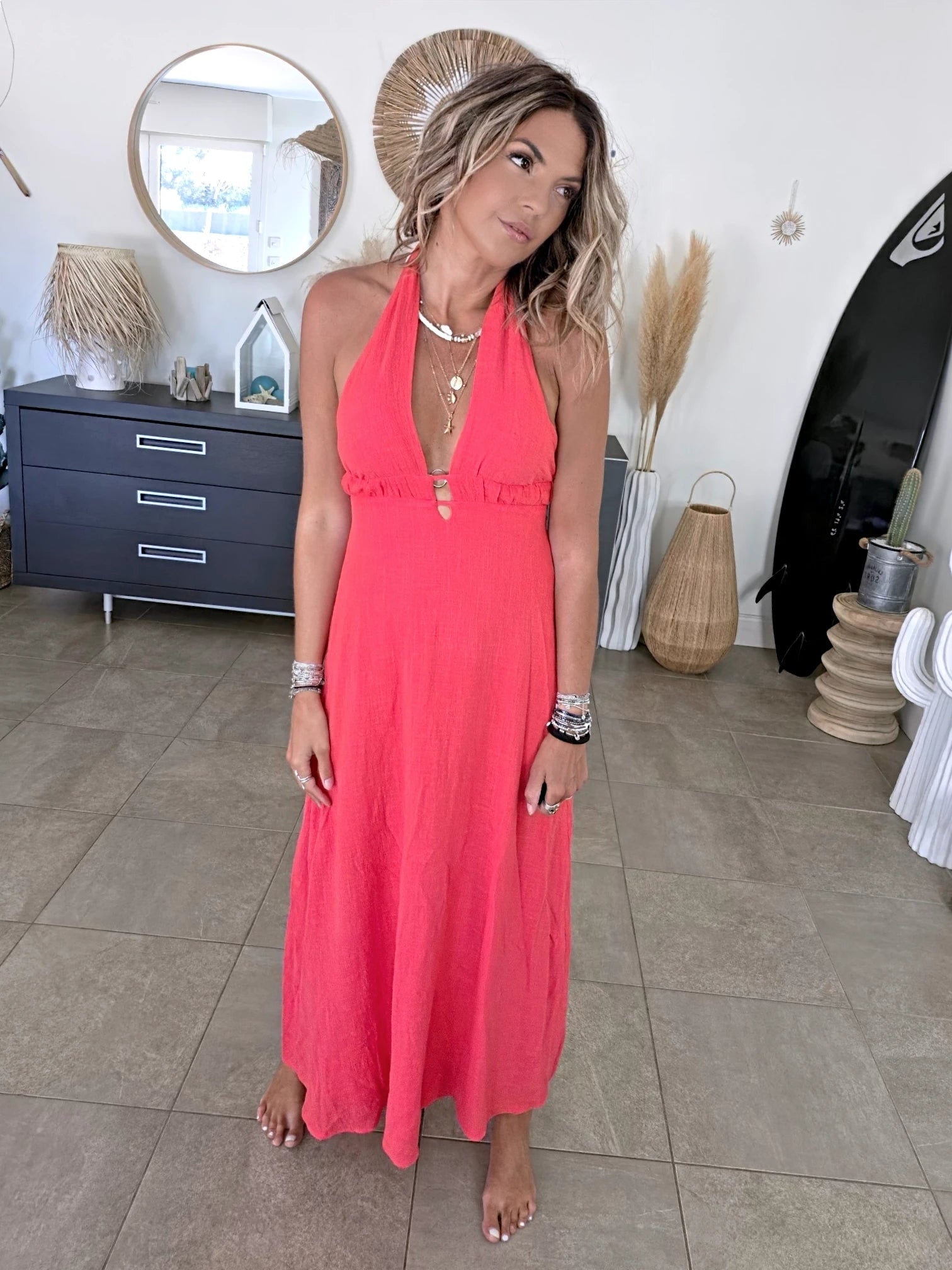 Robe longue rouge corail