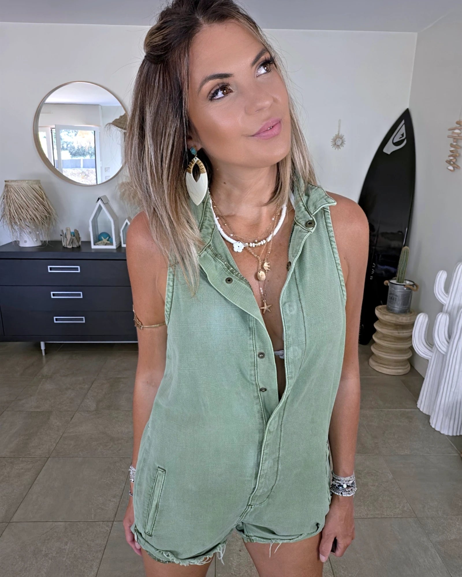 Combi-short vert en coton