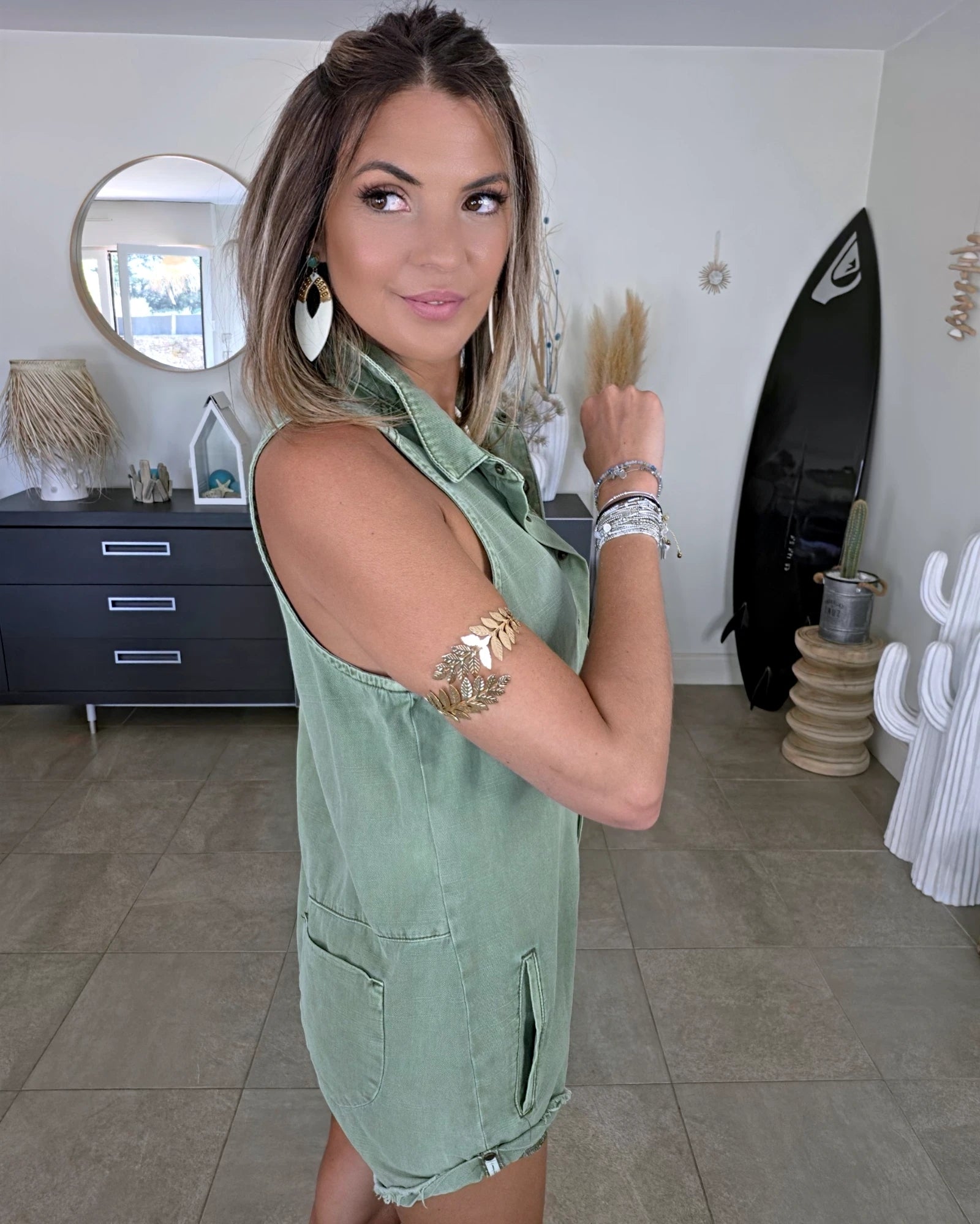 Combi-short vert en coton