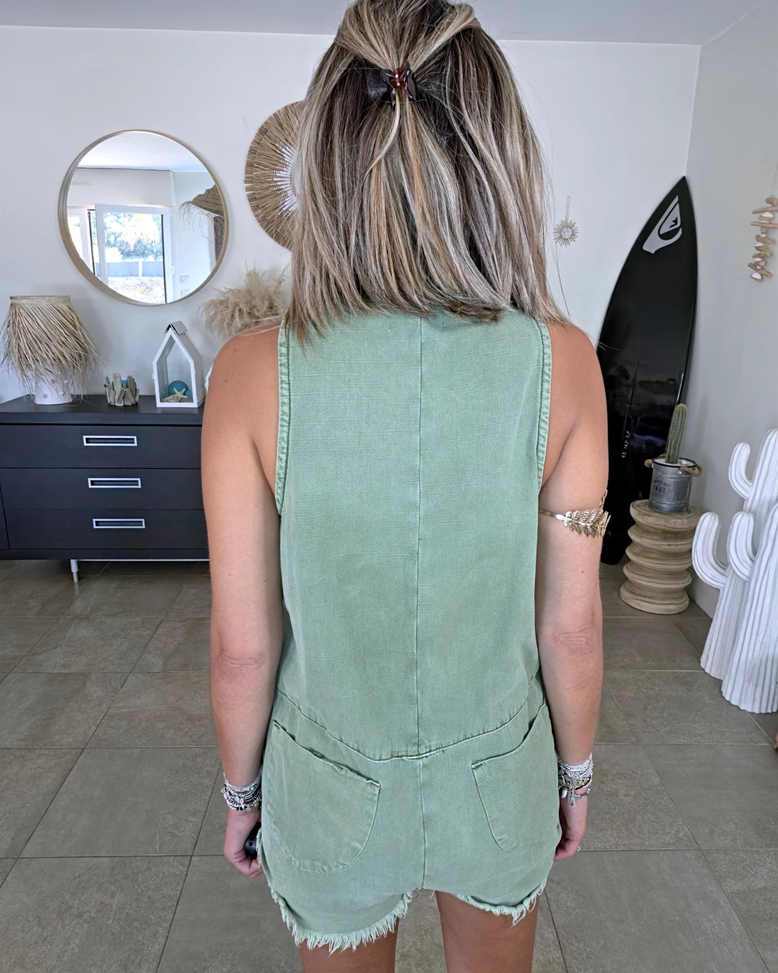 Combi-short vert en coton
