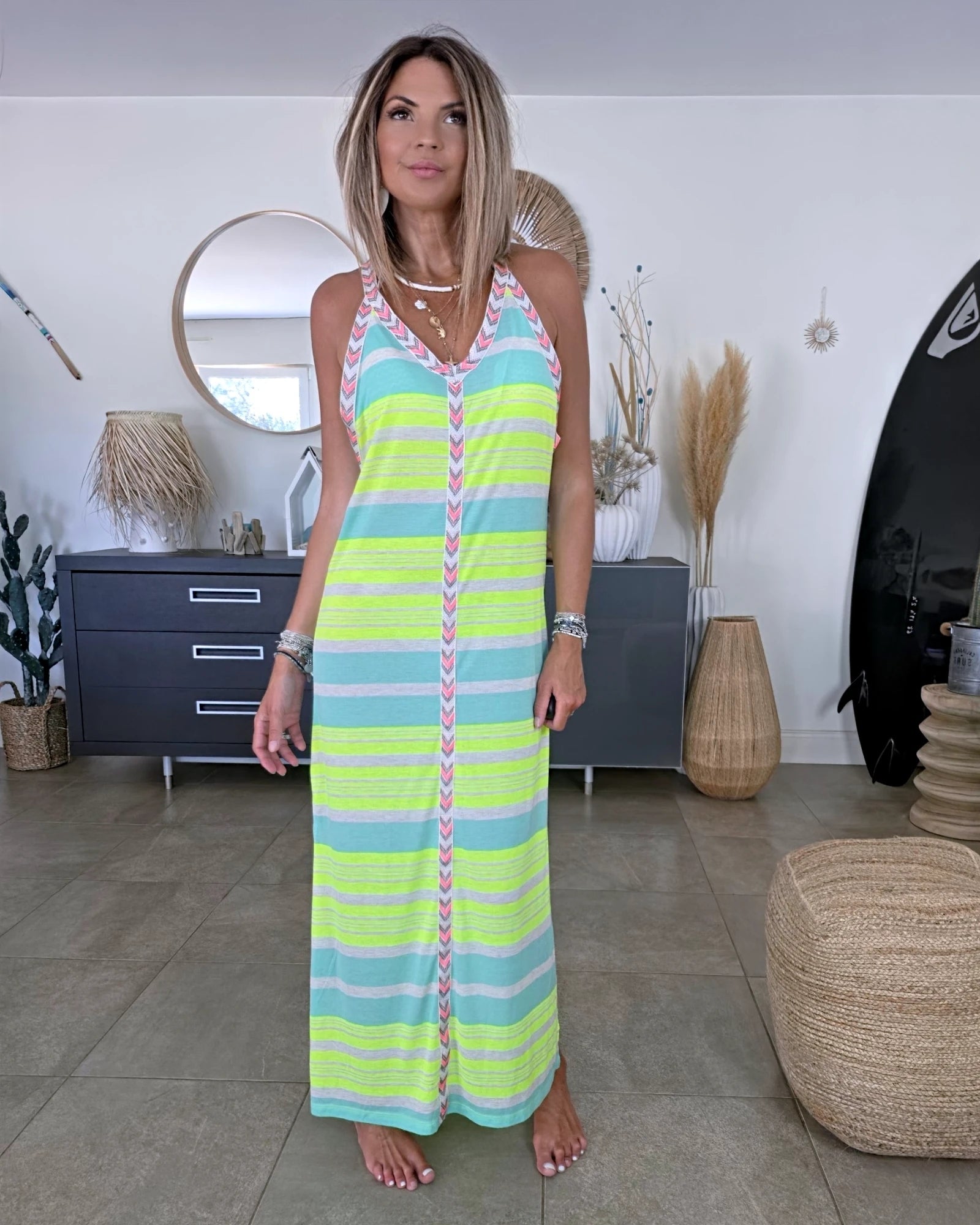 Robe longue tricolore fluo