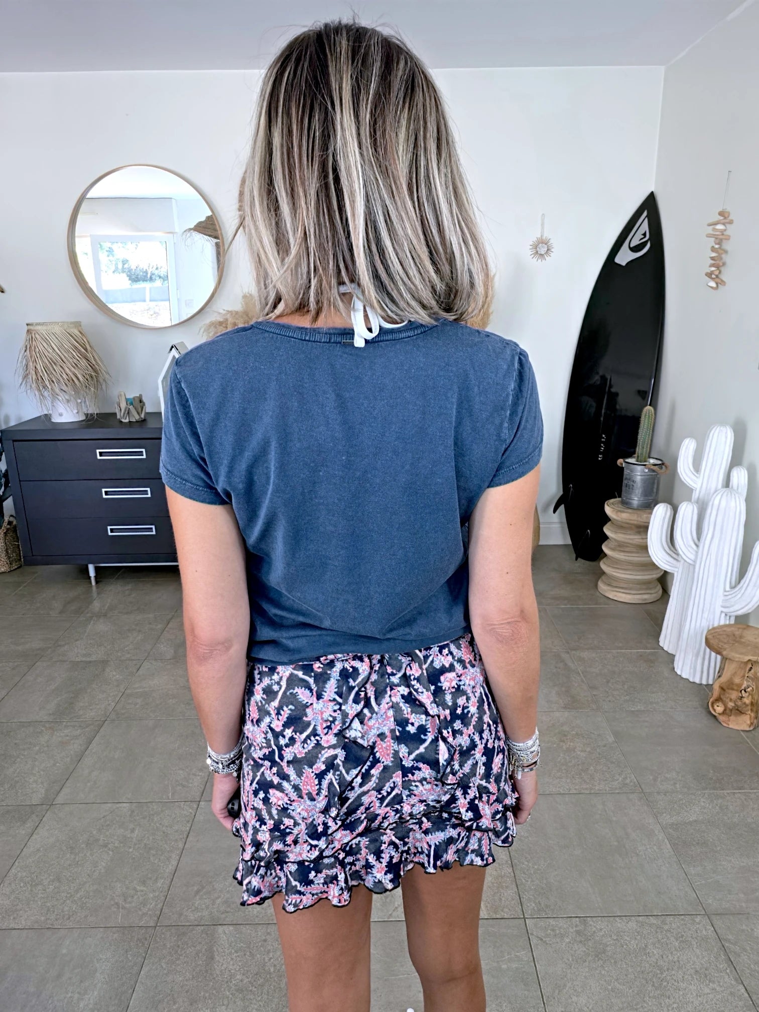Jupe à imprimé bleu marine et rose