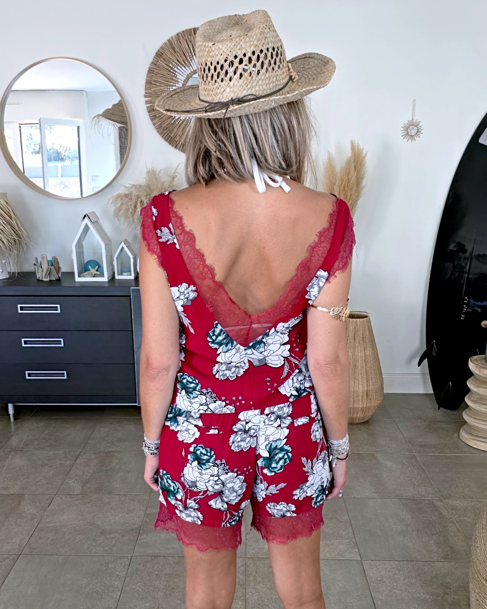 Combi-short rouge à imprimé floral