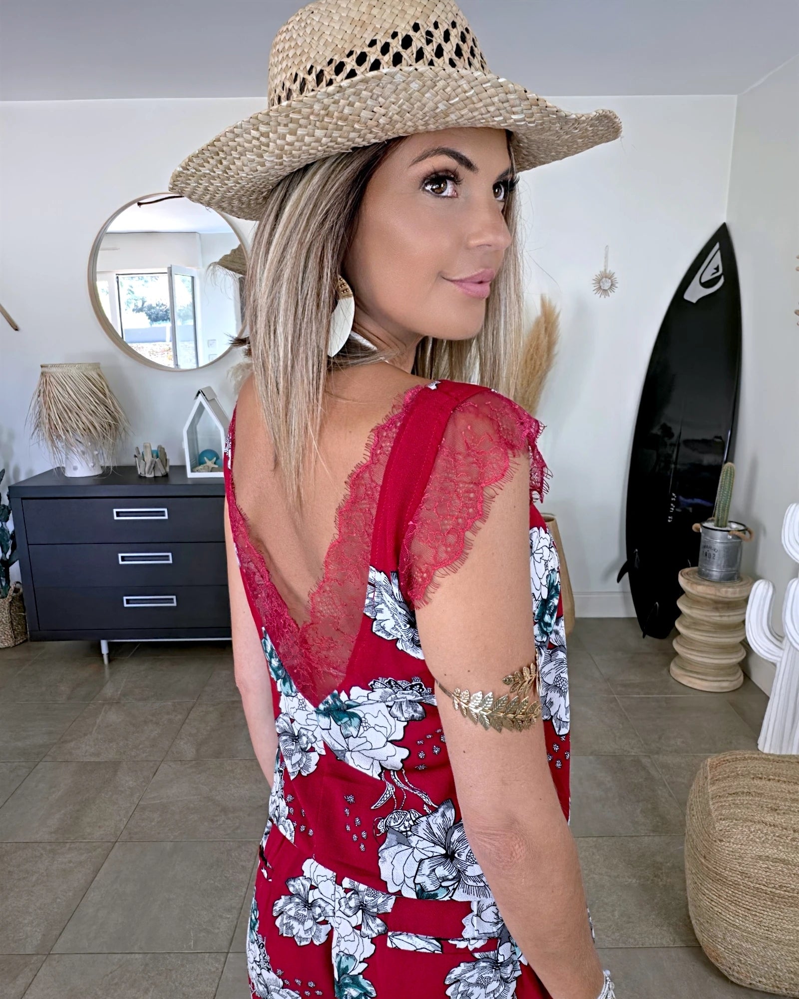Combi-short rouge à imprimé floral
