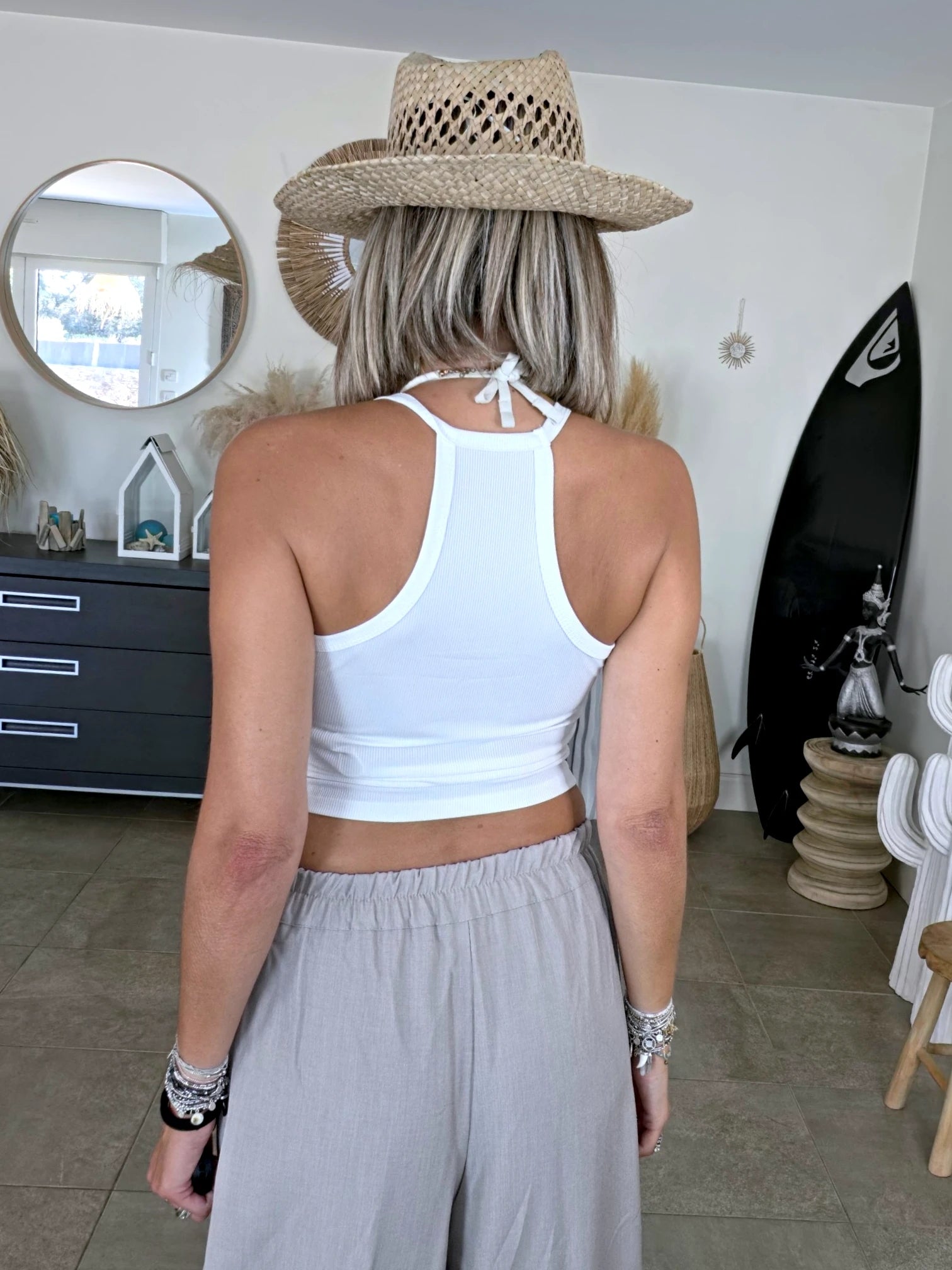 Débardeur blanc à maille côtelée en lycra