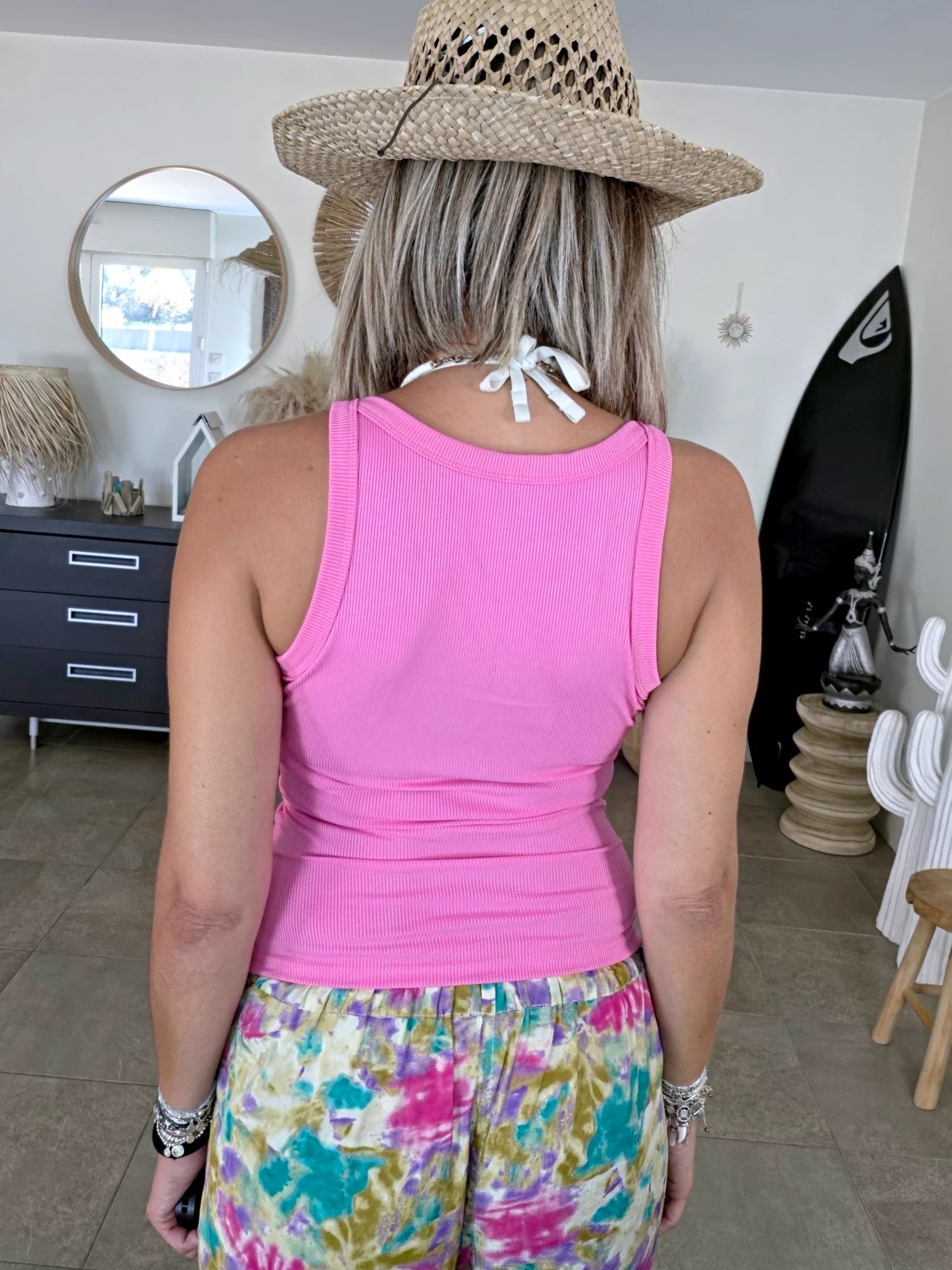 Débardeur rose à maille côtelée extensible