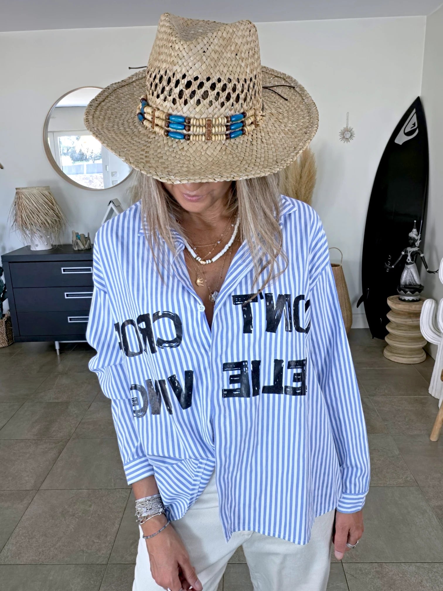 Chemise asymétrique à rayures bleu ciel