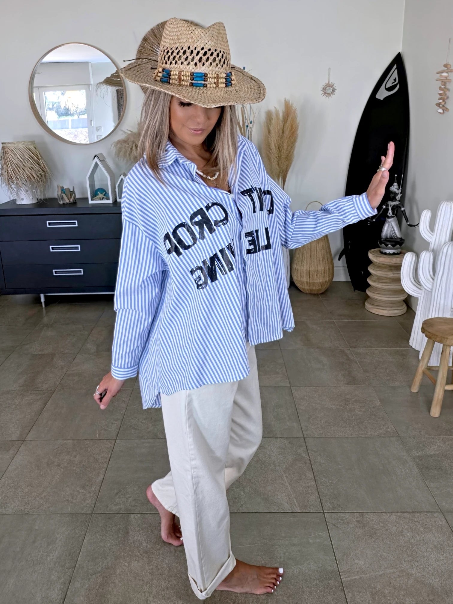 Chemise asymétrique à rayures bleu ciel