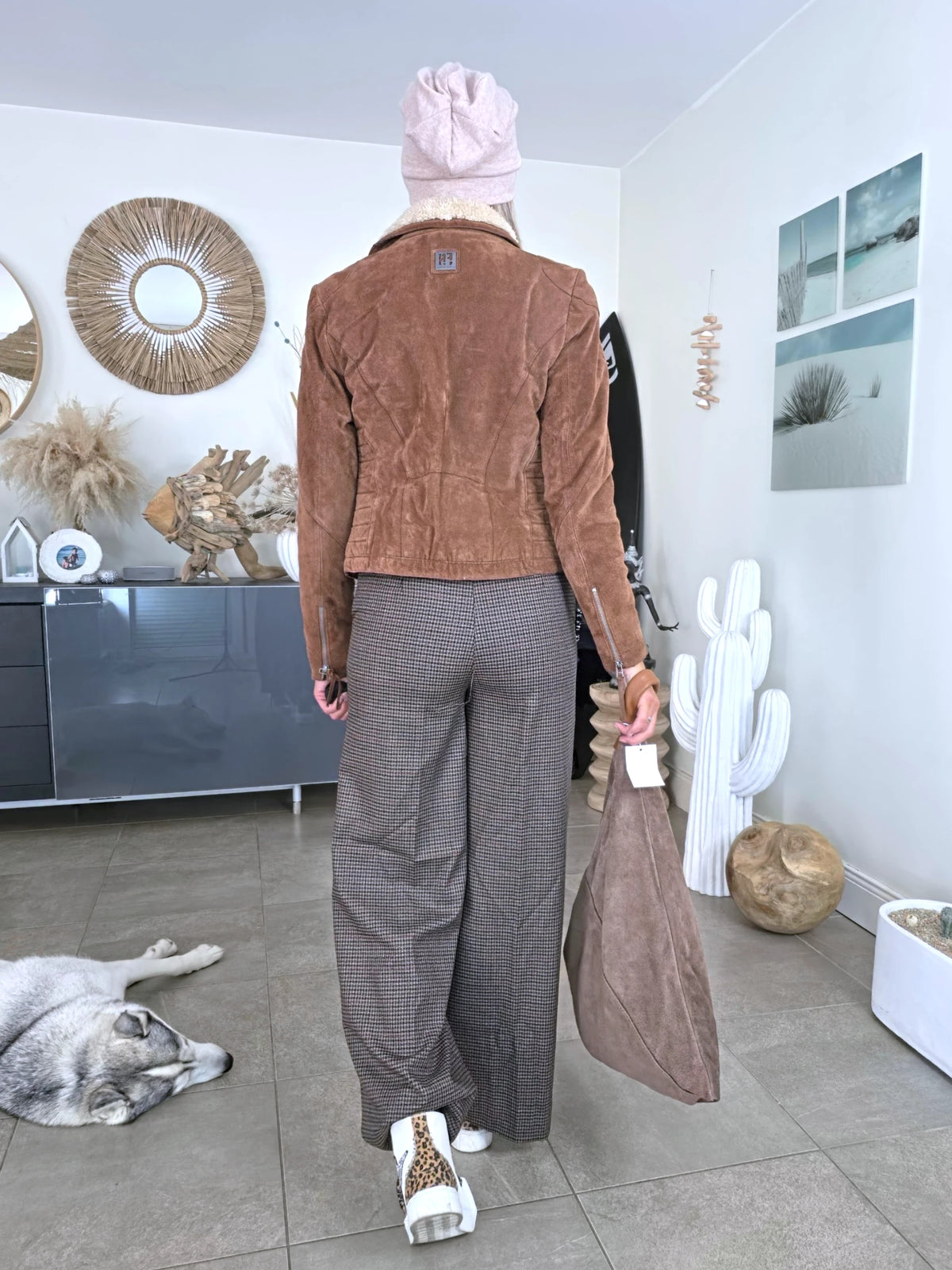 Pantalon palazzo marron à imprimé à carreaux