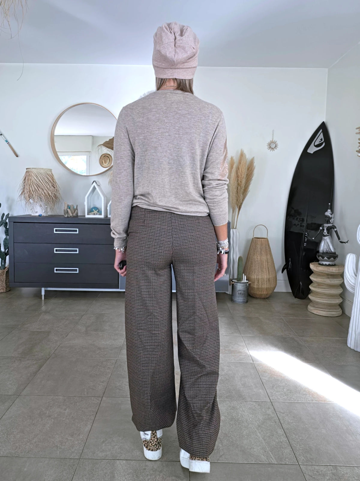 Pantalon palazzo marron à imprimé à carreaux