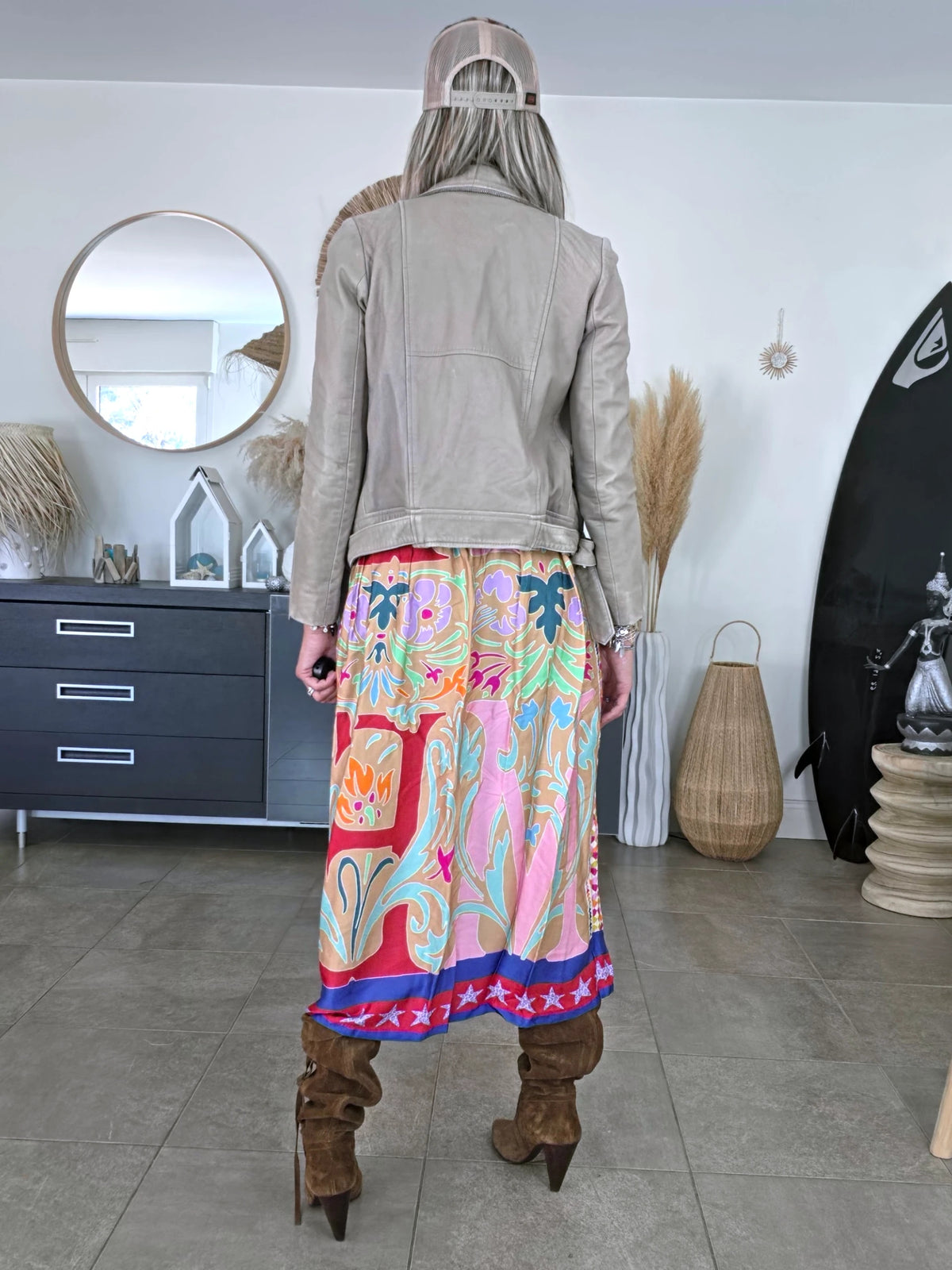 Jupe beige à imprimé longueur mollet
