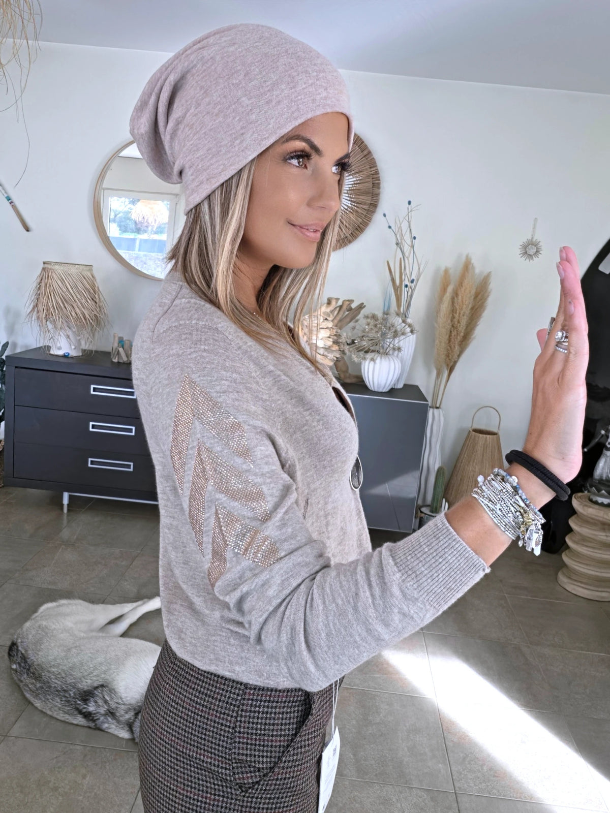 Pull beige chiné à maille fine et chaude