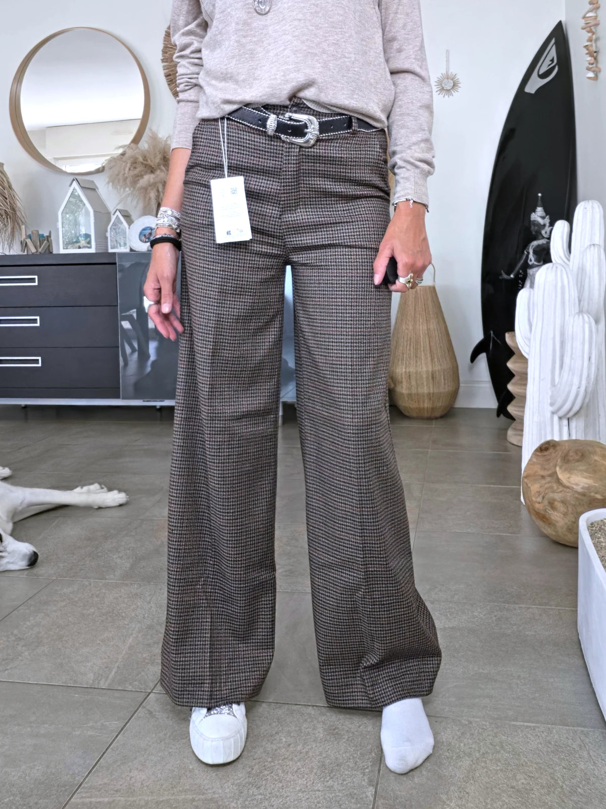 Pantalon palazzo marron à imprimé à carreaux