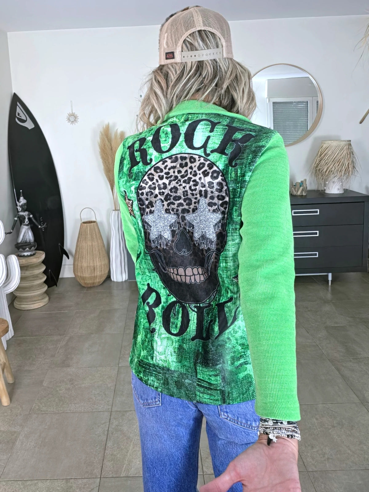 Veste velours ras vert "rock"
