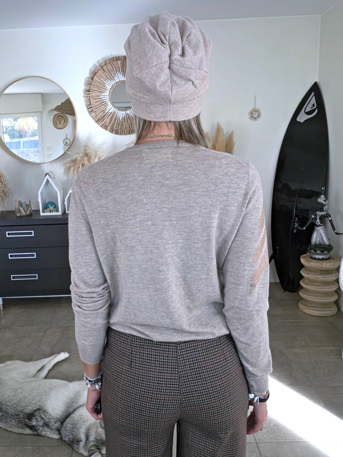 Pull beige chiné à maille fine et chaude
