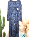 Robe longue bleue à imprimé noir