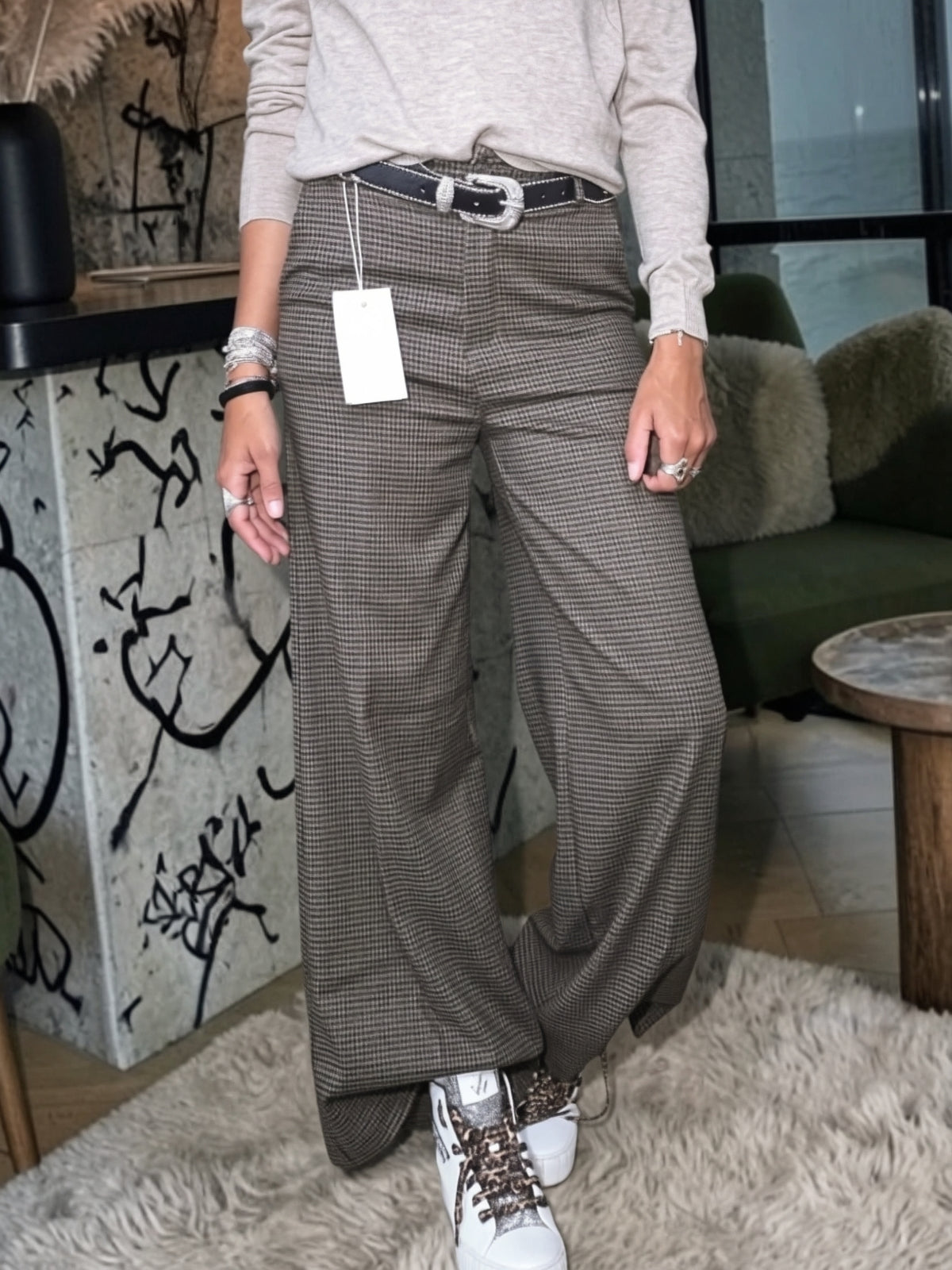 Pantalon palazzo marron à imprimé à carreaux - 𝐌𝐚𝐫𝐢𝐧𝐚𝟒𝟒𝐟𝐚𝐦𝐢𝐥𝐲