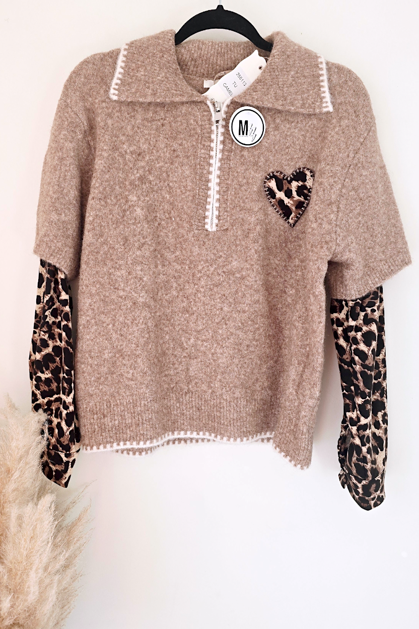 Pull beige chaud amour léopard