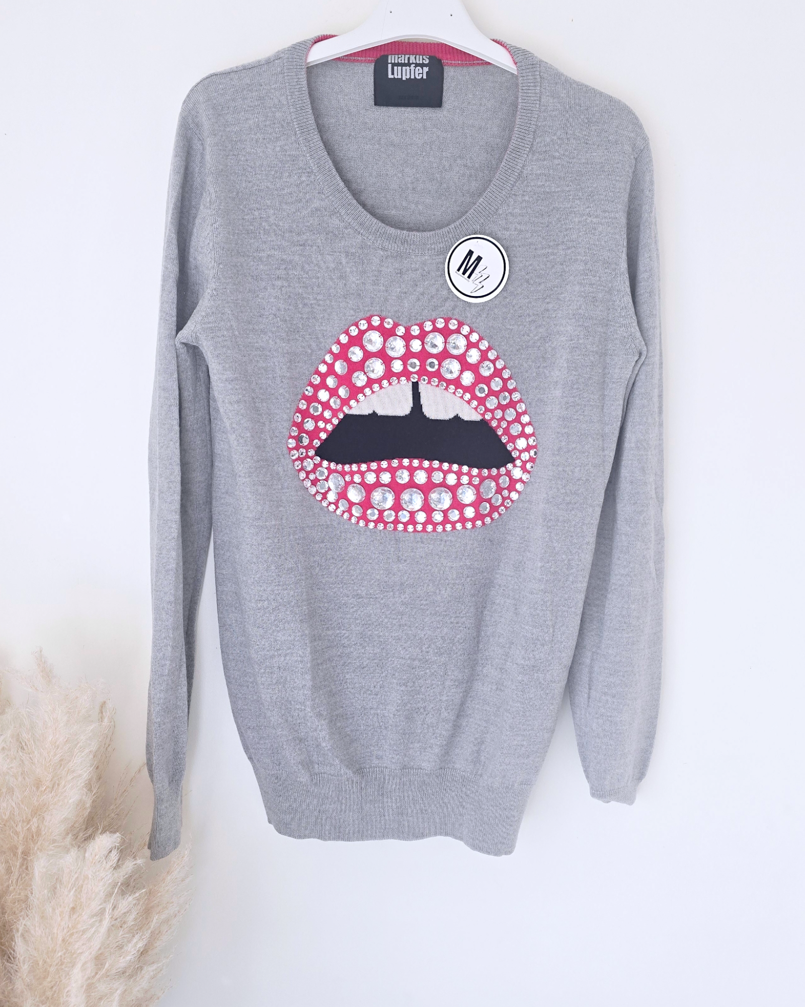 Pull gris merinos bouche perles