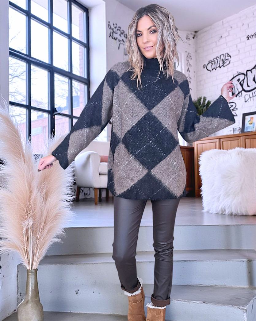 Pull tunique en damier marron taupe - 𝐌𝐚𝐫𝐢𝐧𝐚𝟒𝟒𝐟𝐚𝐦𝐢𝐥𝐲