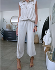 Ensemble beige haut + pantalon à bandes latérales