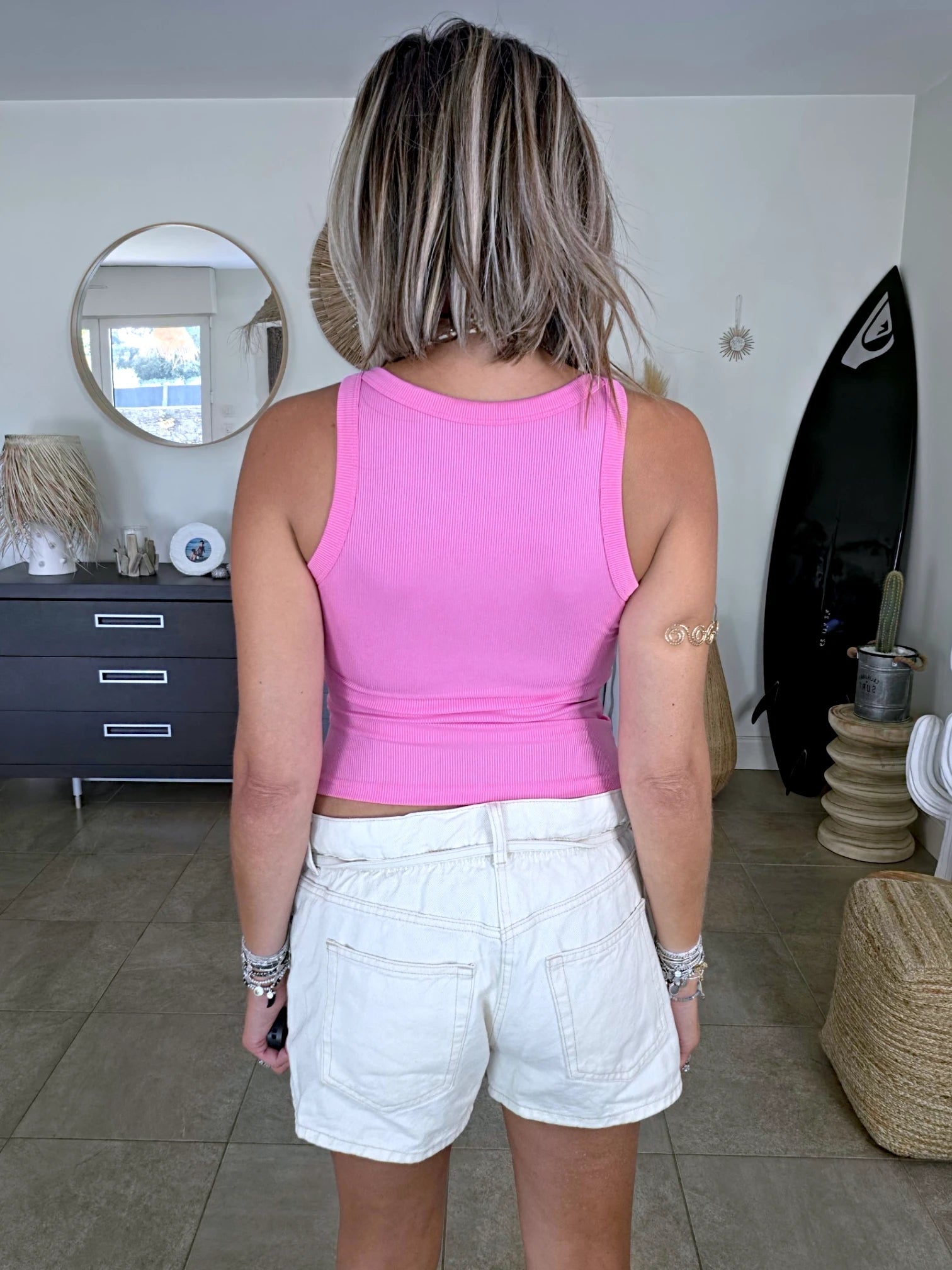 Débardeur rose maille côtelée