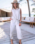 Ensemble beige haut + pantalon à bandes latérales