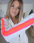 Ensemble veste + Pantalon en lin écru à bandes latérales fluo