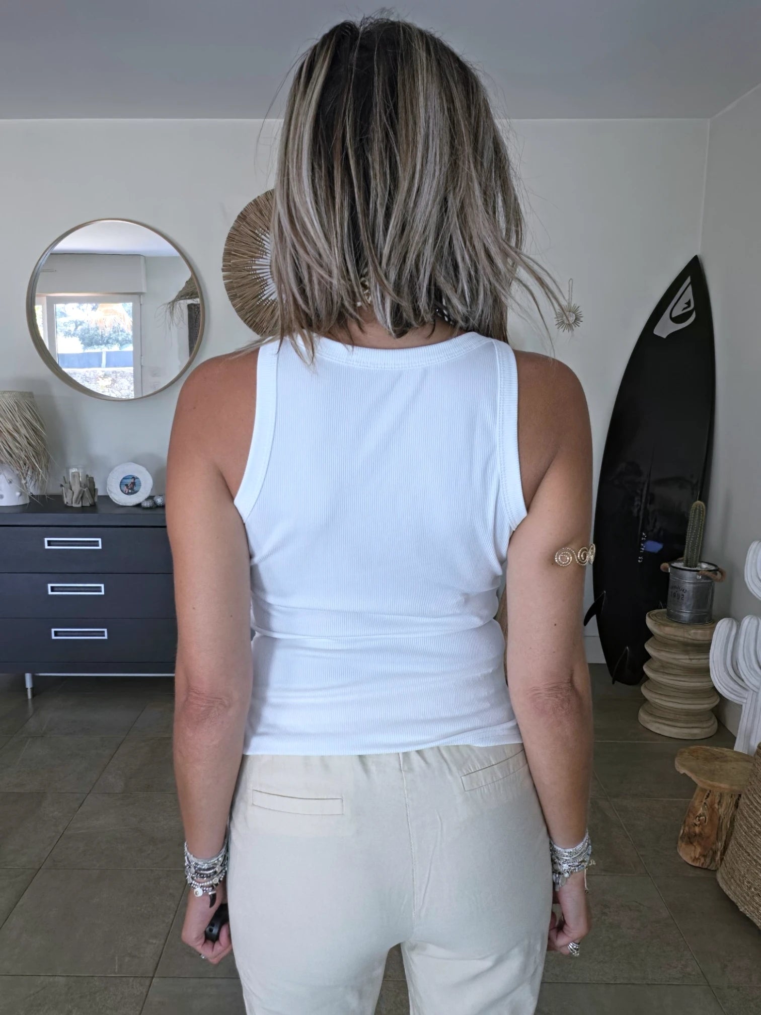 Débardeur blanc en lycra à maille côtelée