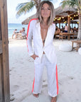 Ensemble veste + Pantalon en lin écru à bandes latérales fluo