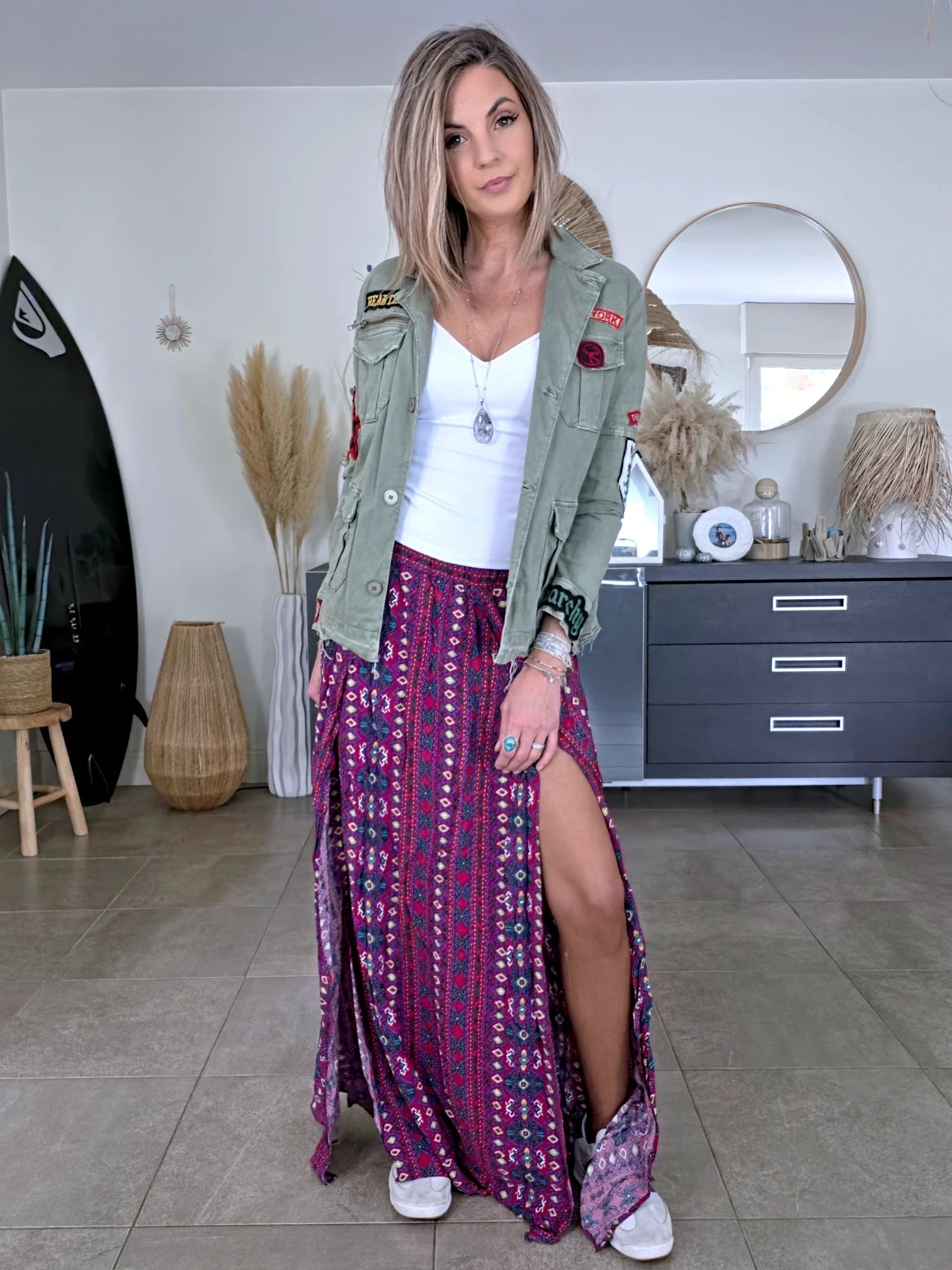 Veste saharienne kaki-beige customisée