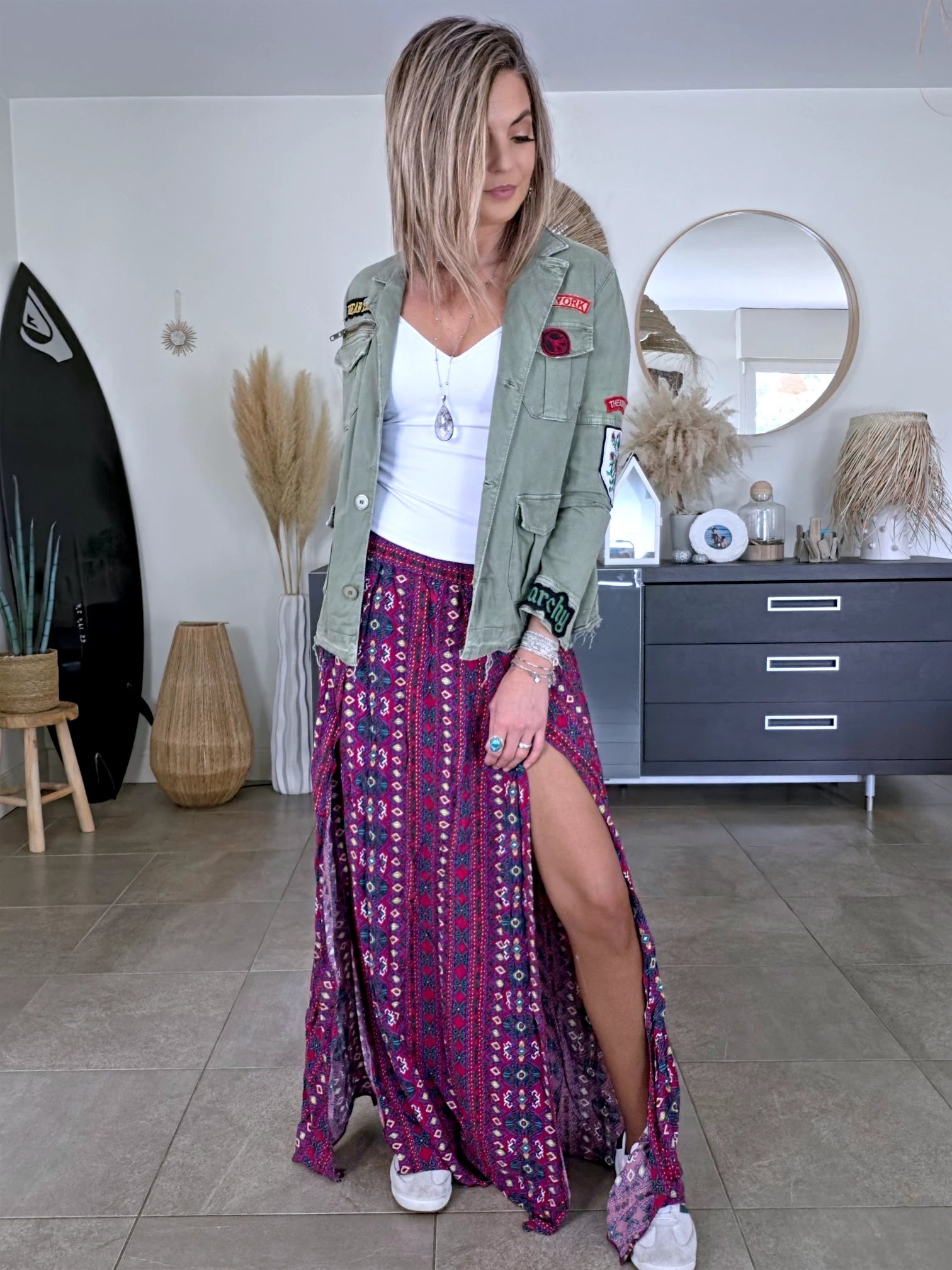 Veste saharienne kaki-beige customisée