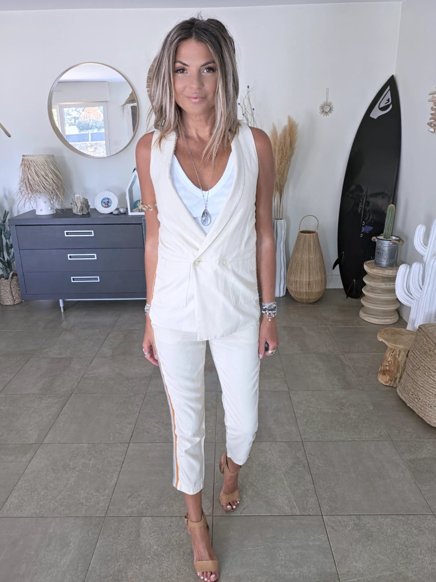 Ensemble veston + pantalon écru  à bandes latérales