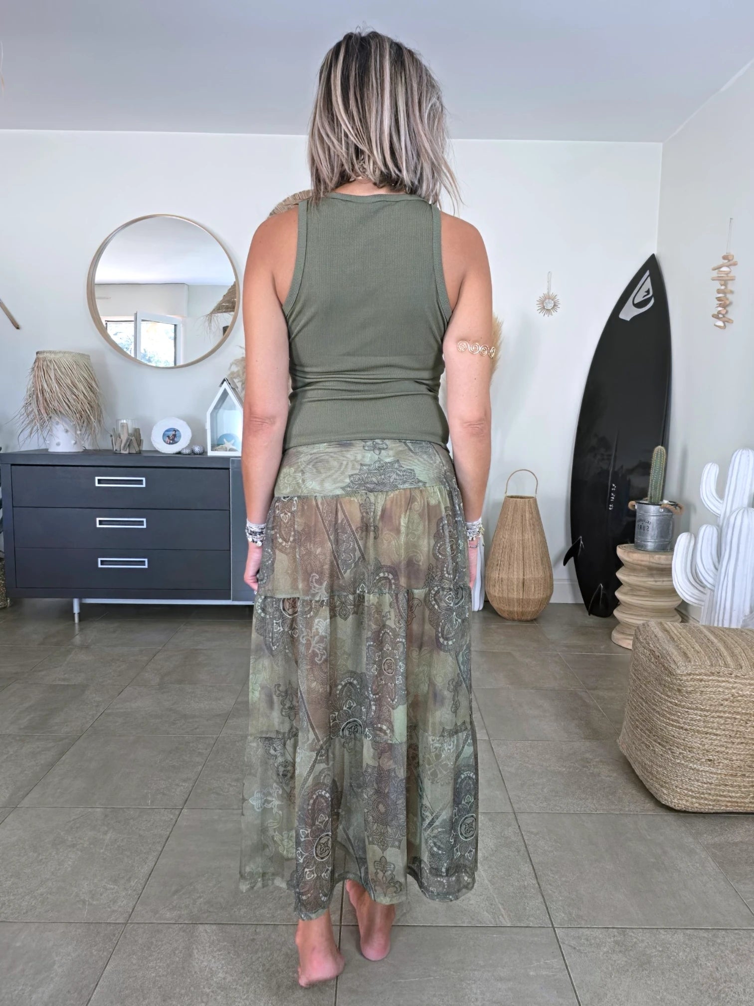 Débardeur kaki à maille côtelée en lycra