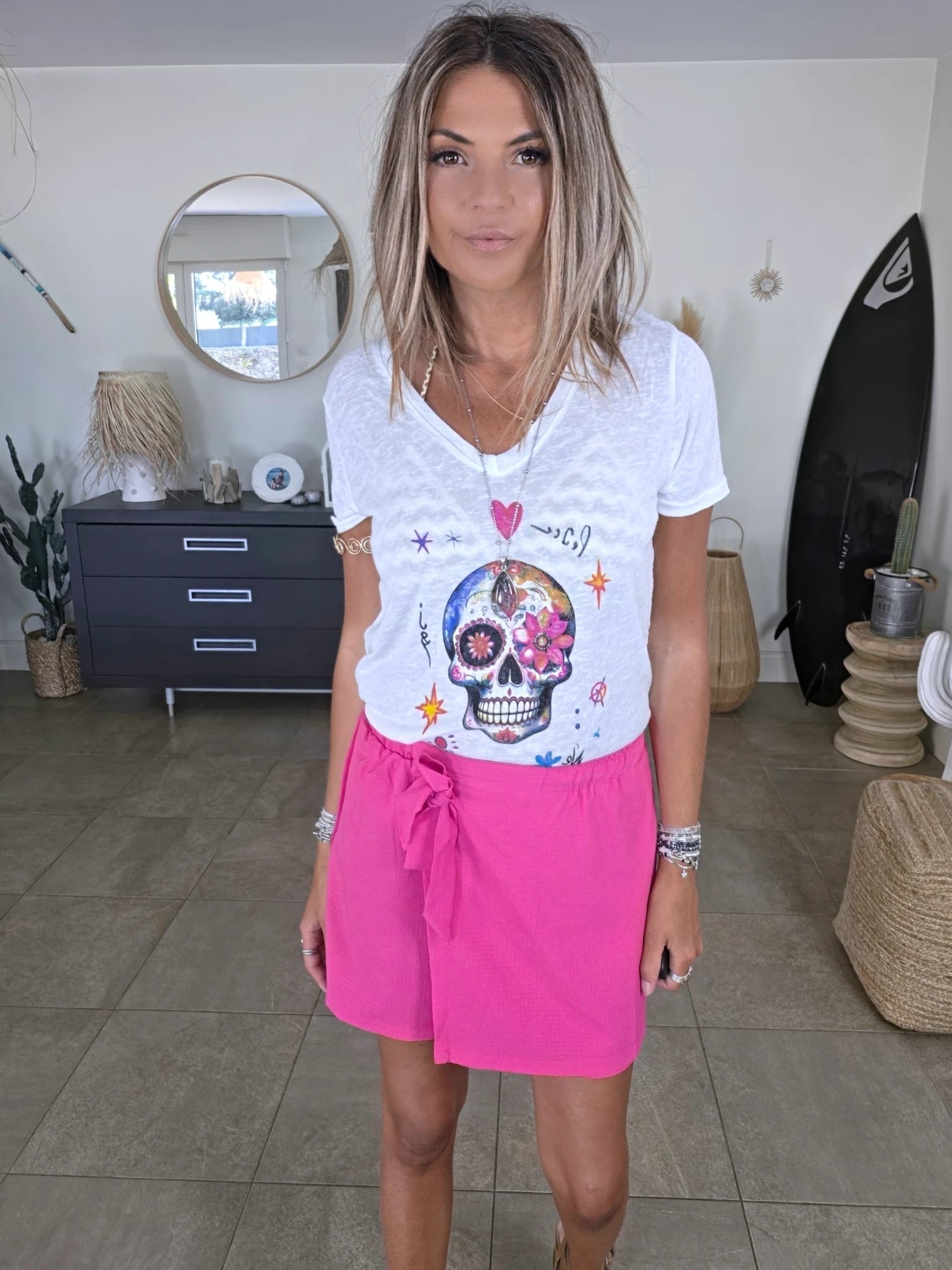 T-shirt blanc skull mexicain