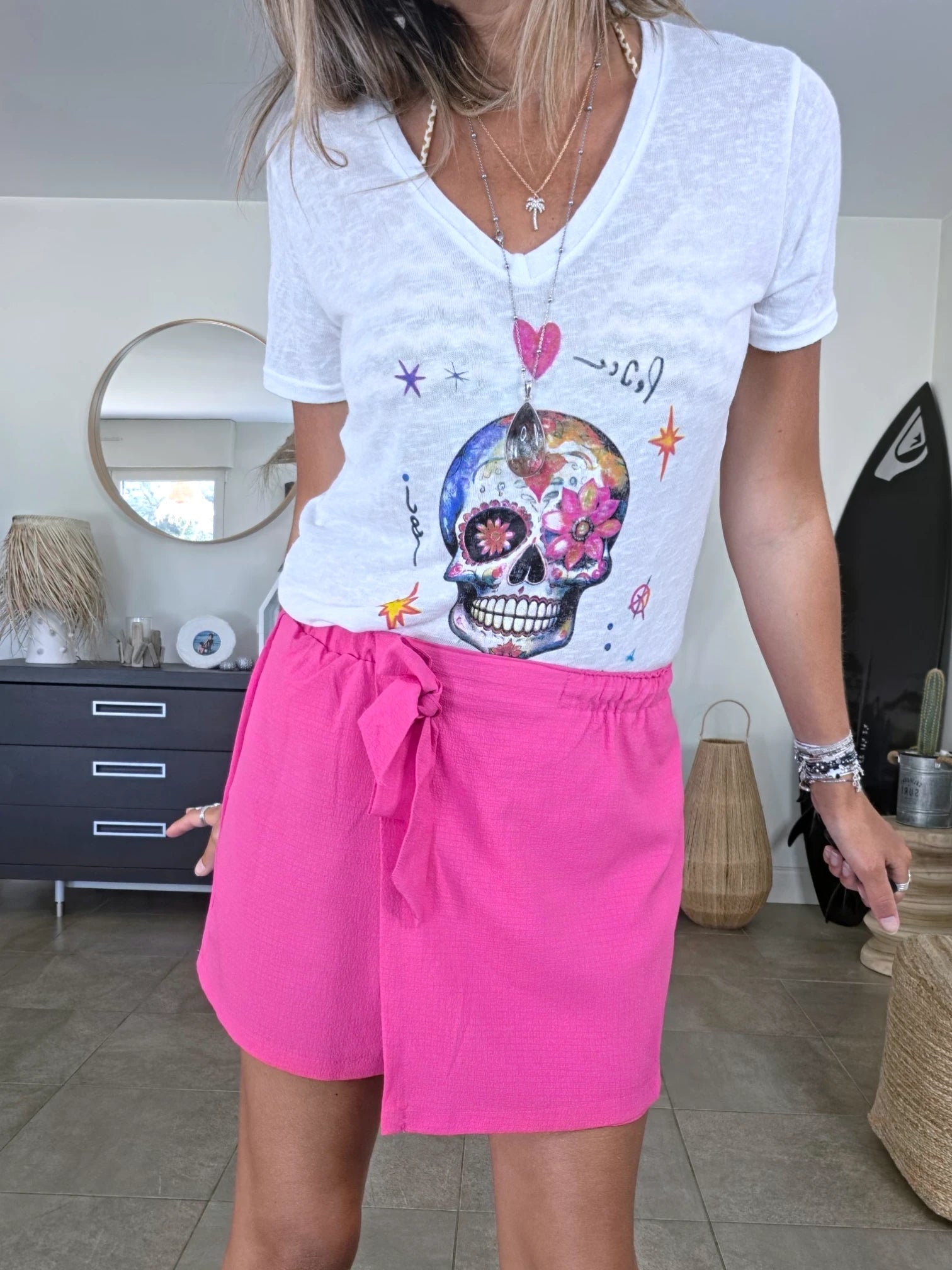 T-shirt blanc skull mexicain