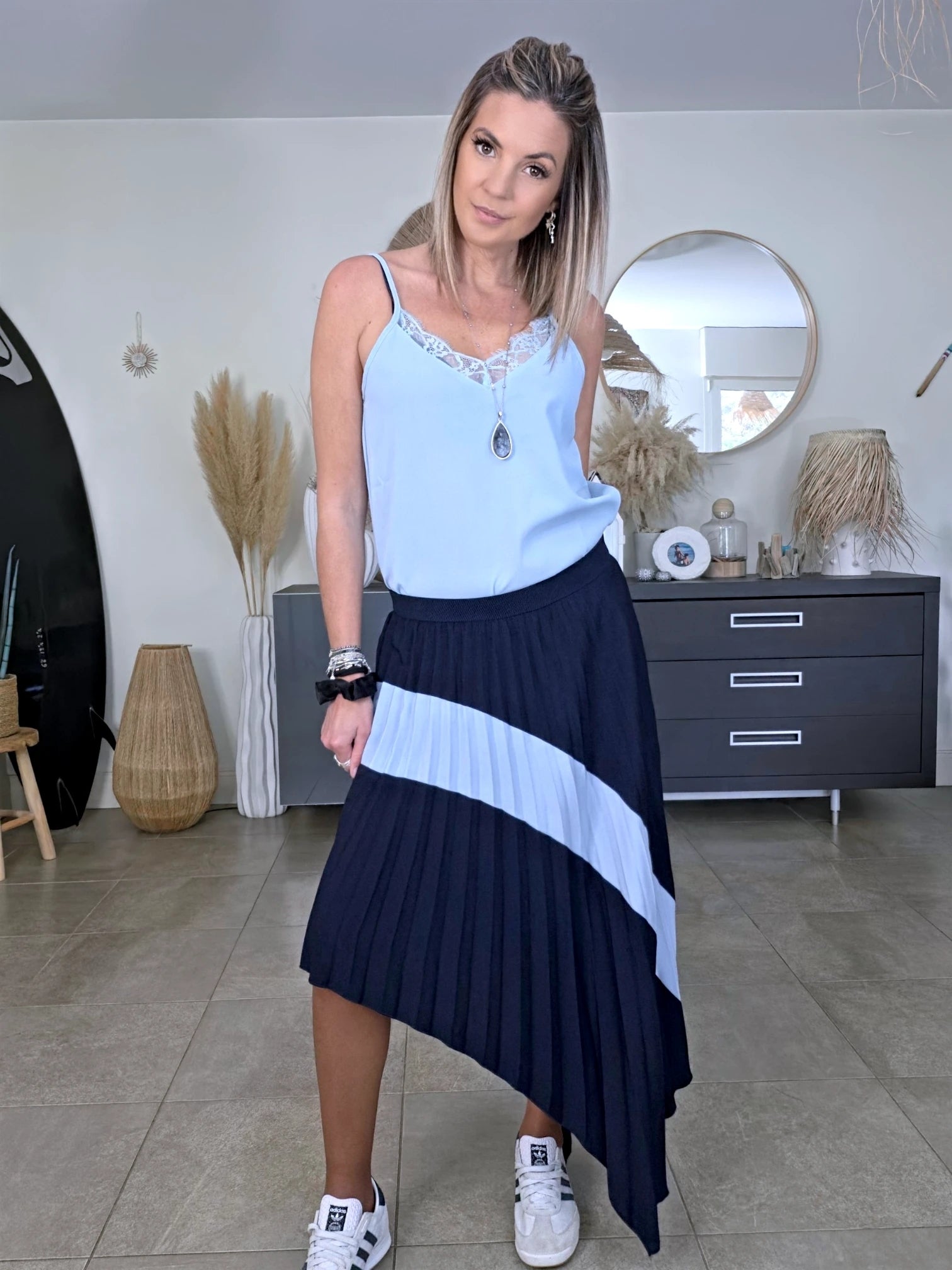 Jupe Plissée asymétrique bleu marine et bleu ciel