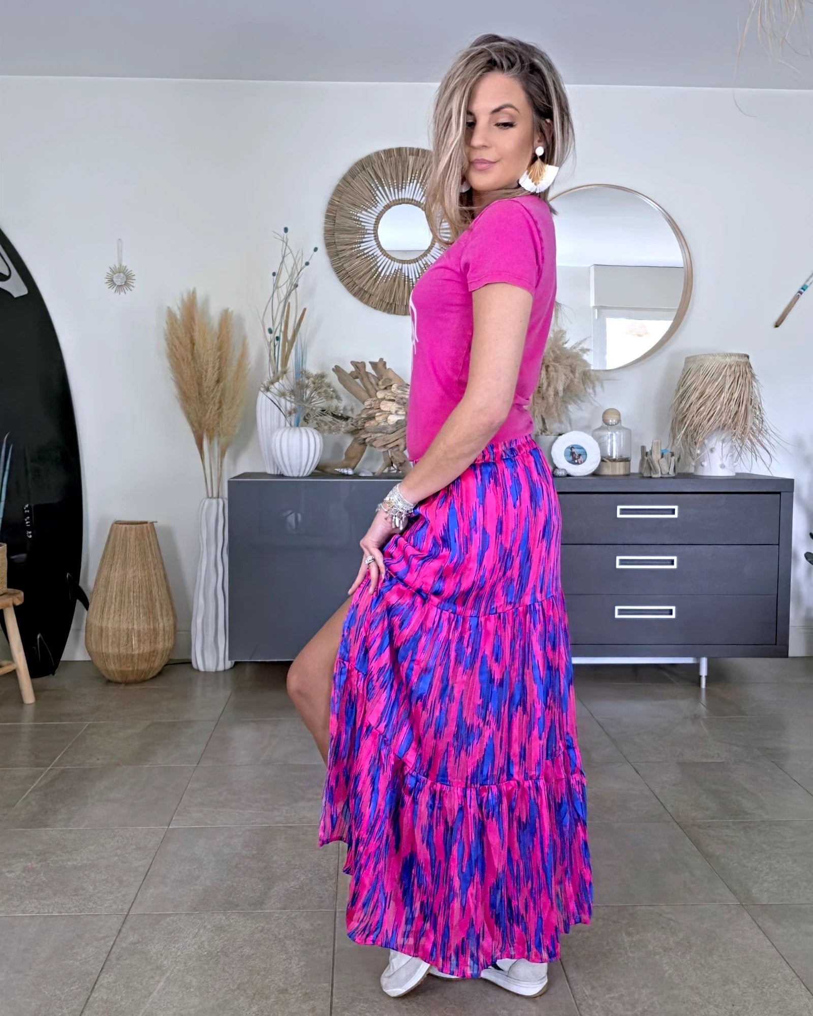 Jupe longue rose fuchsia et bleu roi