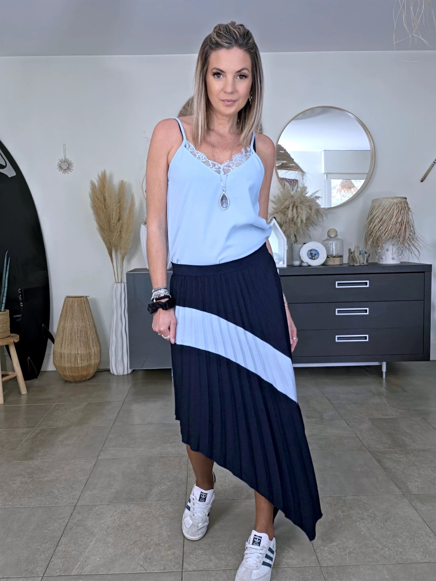 Jupe Plissée asymétrique bleu marine et bleu ciel