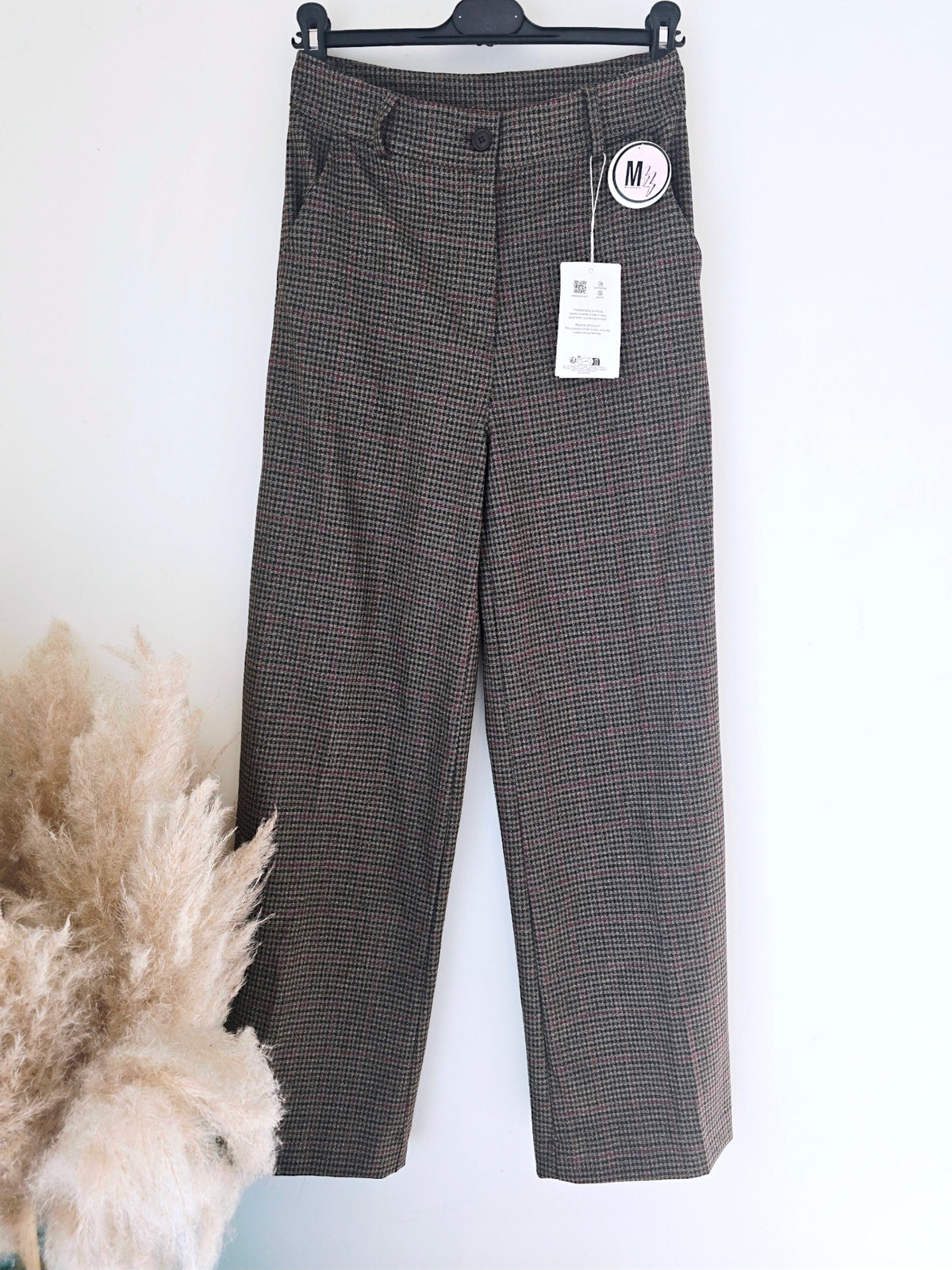 Pantalon palazzo marron à imprimé à carreaux