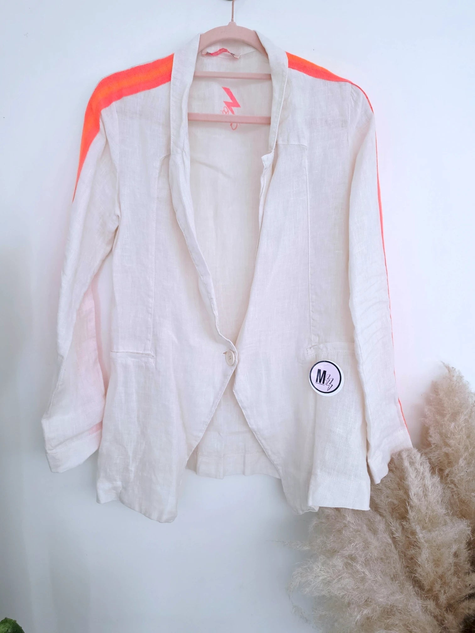 Ensemble veste + Pantalon en lin écru à bandes latérales fluo