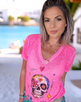 Tee-shirt skull rose fluo